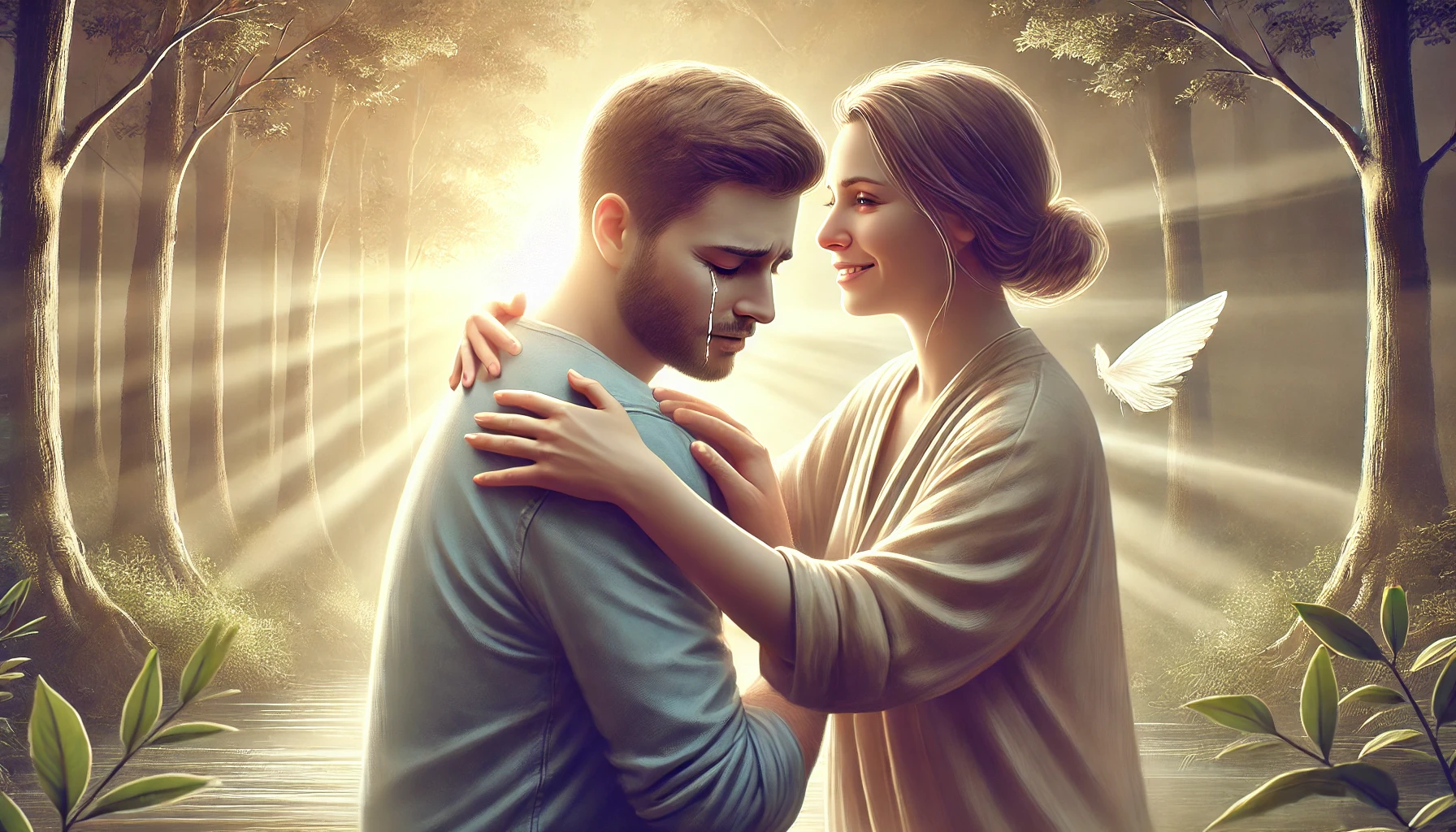 A serene scene with two people embracing in forgiveness symbolizing emotional release and peace