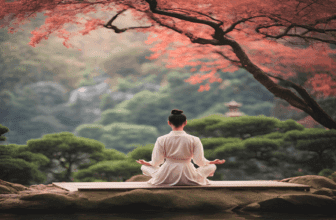 ایک شخص مراقبہ کی حالت میں بیٹھا ہوا، قدرتی خوبصورتی کے ساتھ پرسکون ماحول میں۔