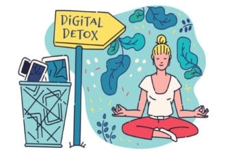 An illustration showing the psychological benefits of digital detox, emphasizing reduced screen time and improved mental well-being.