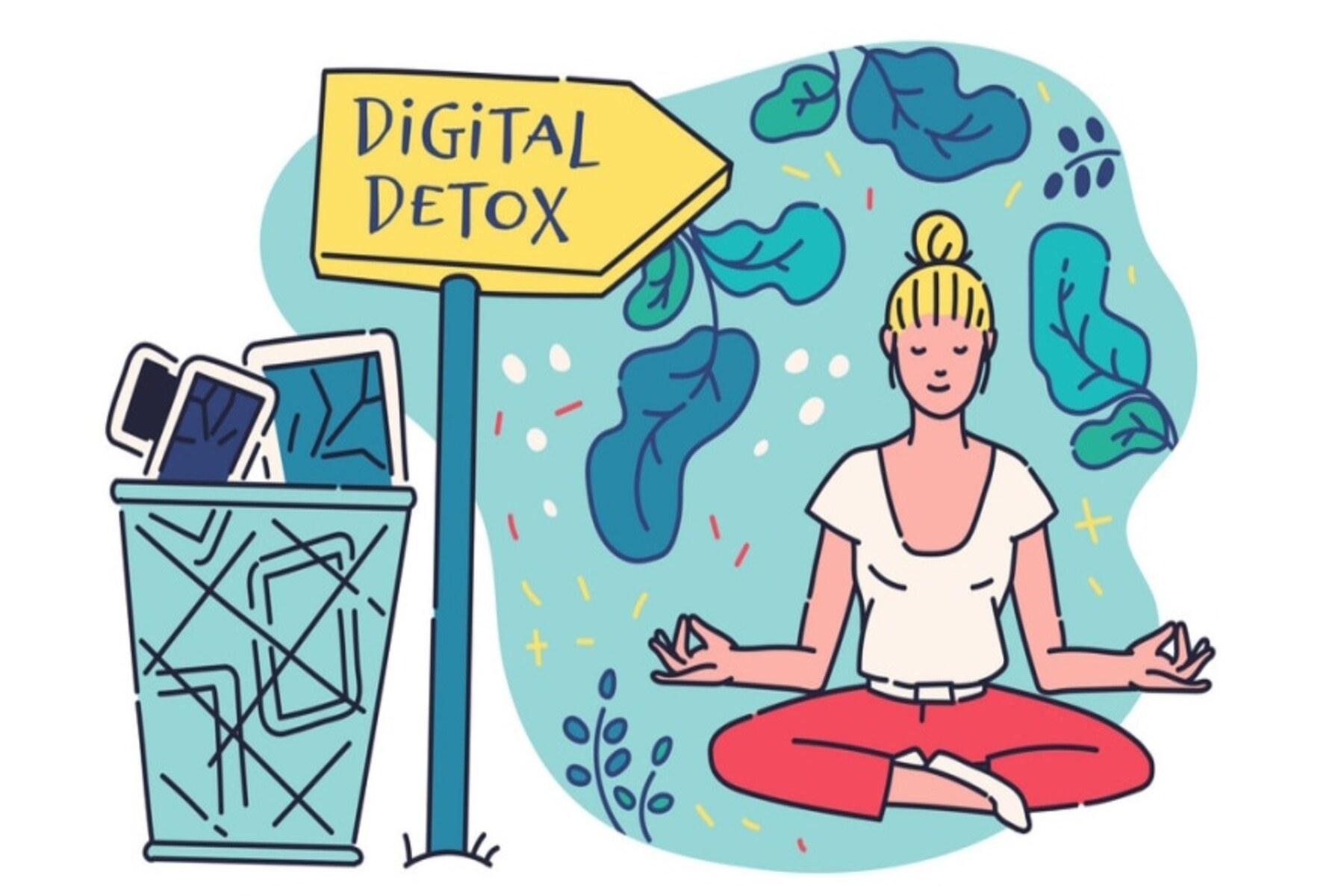 An illustration showing the psychological benefits of digital detox emphasizing reduced screen time and improved mental well being