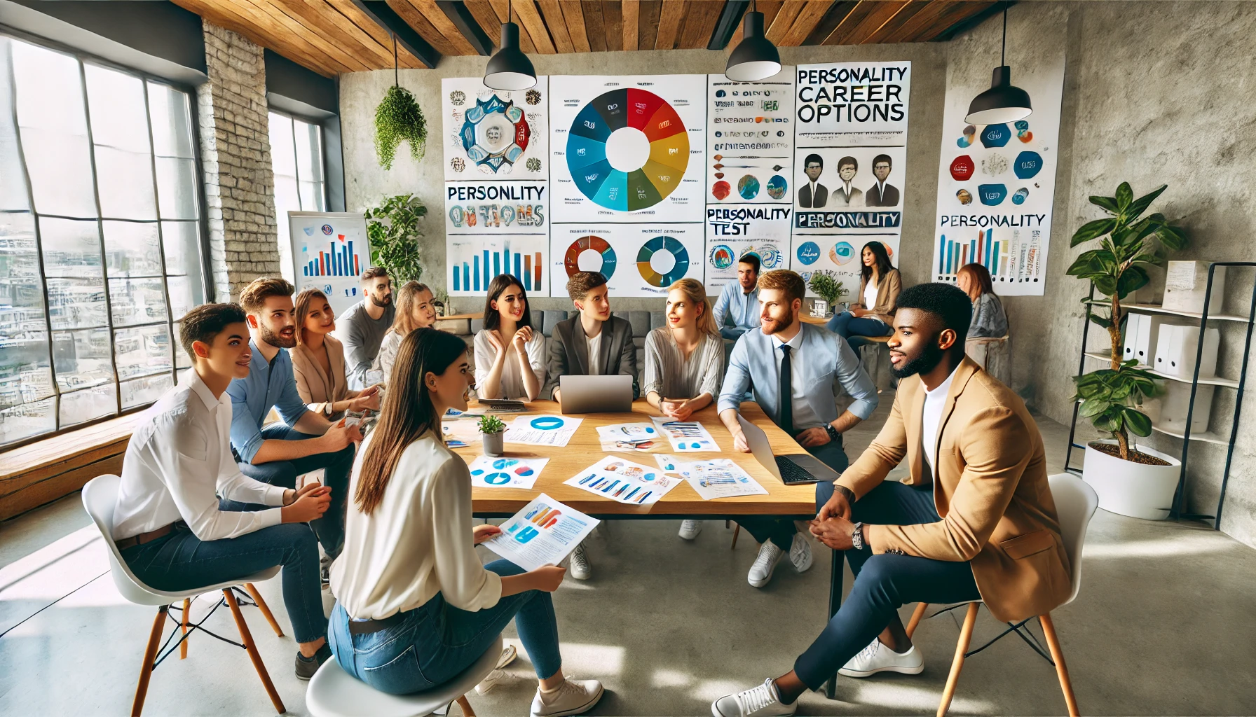 Diverse young professionals discussing career options