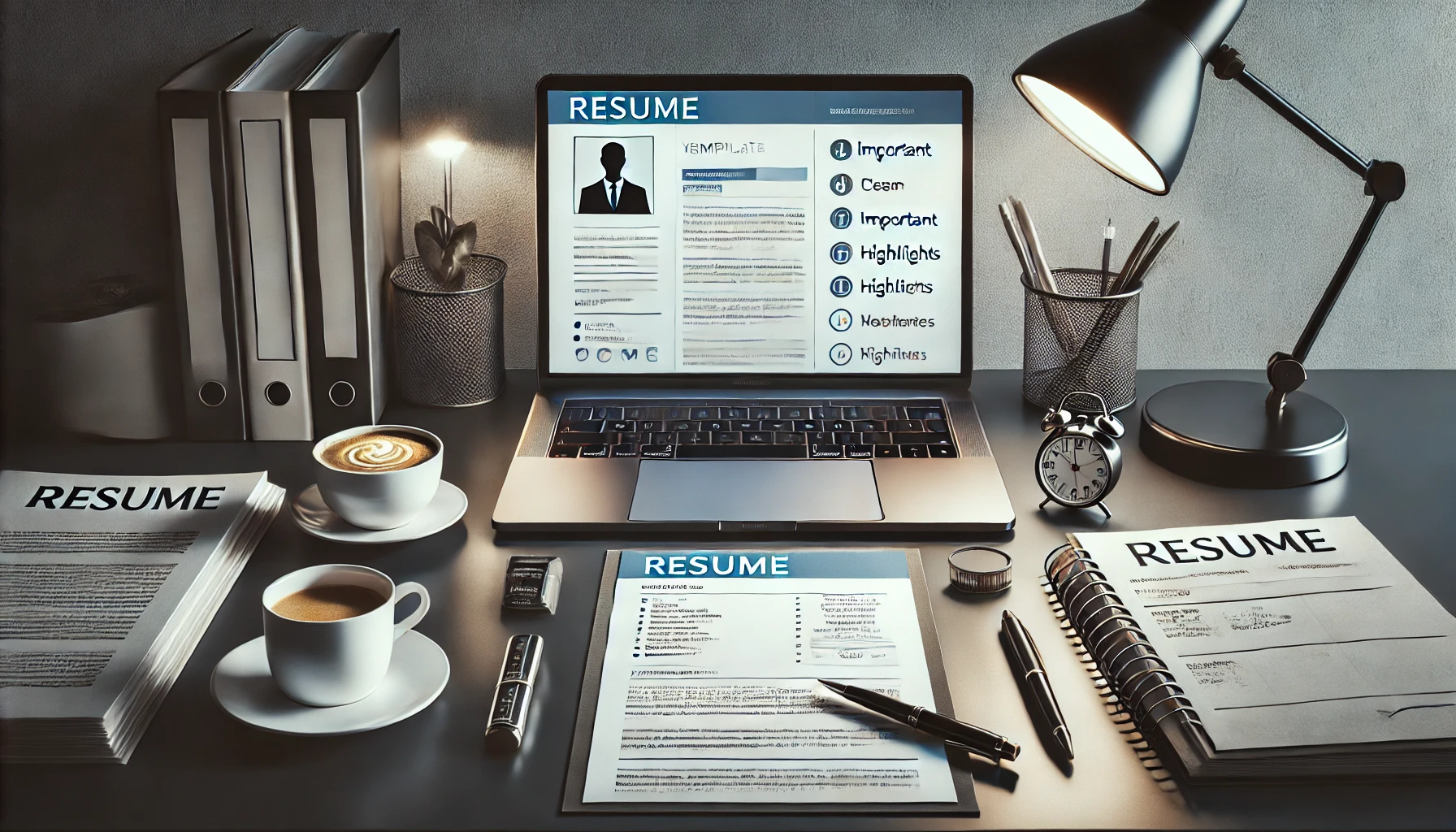 A professional desk setup with a laptop displaying a resume template