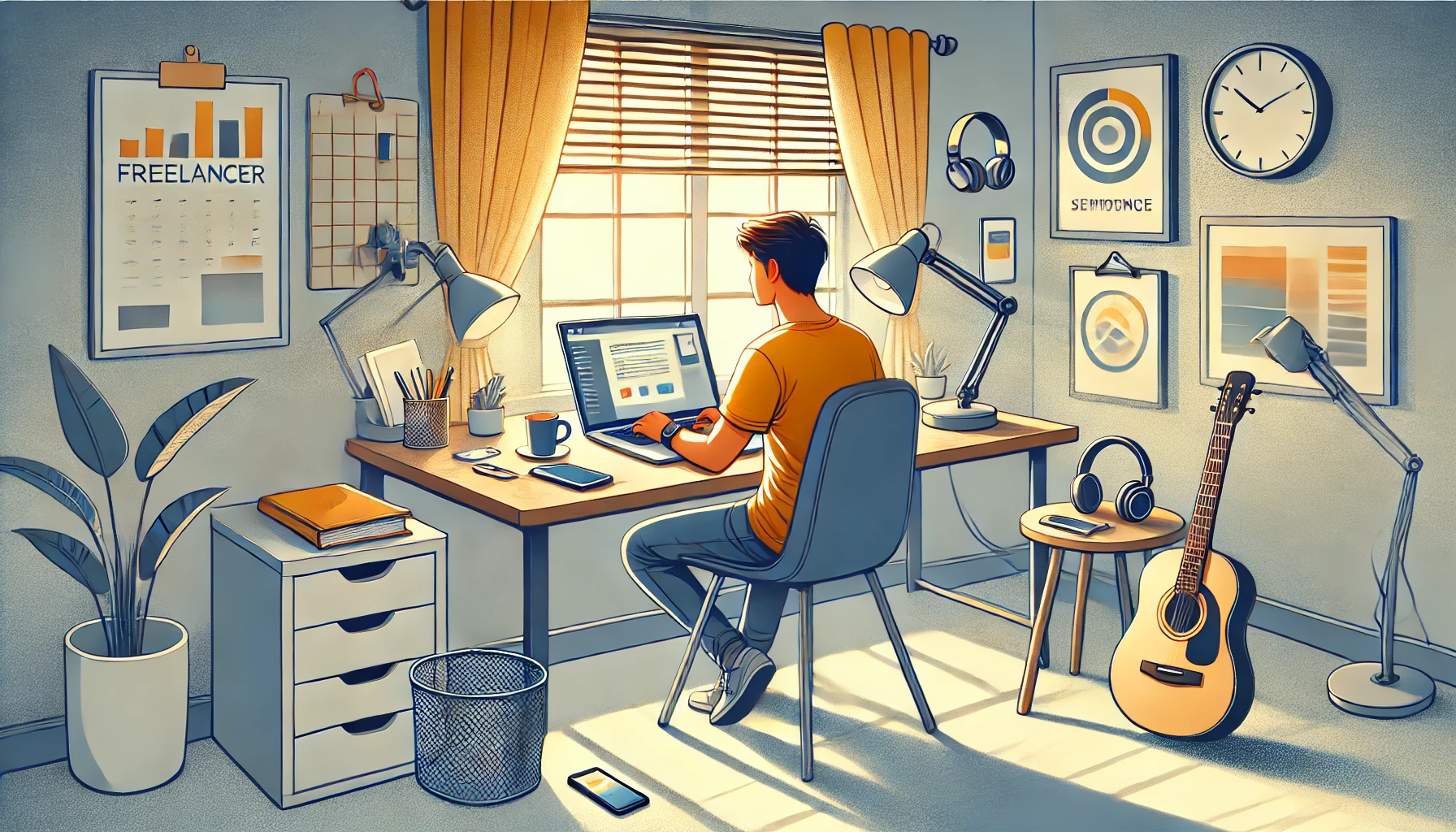 Illustration of a freelancer working on a laptop with a cup of coffee and digital tools around