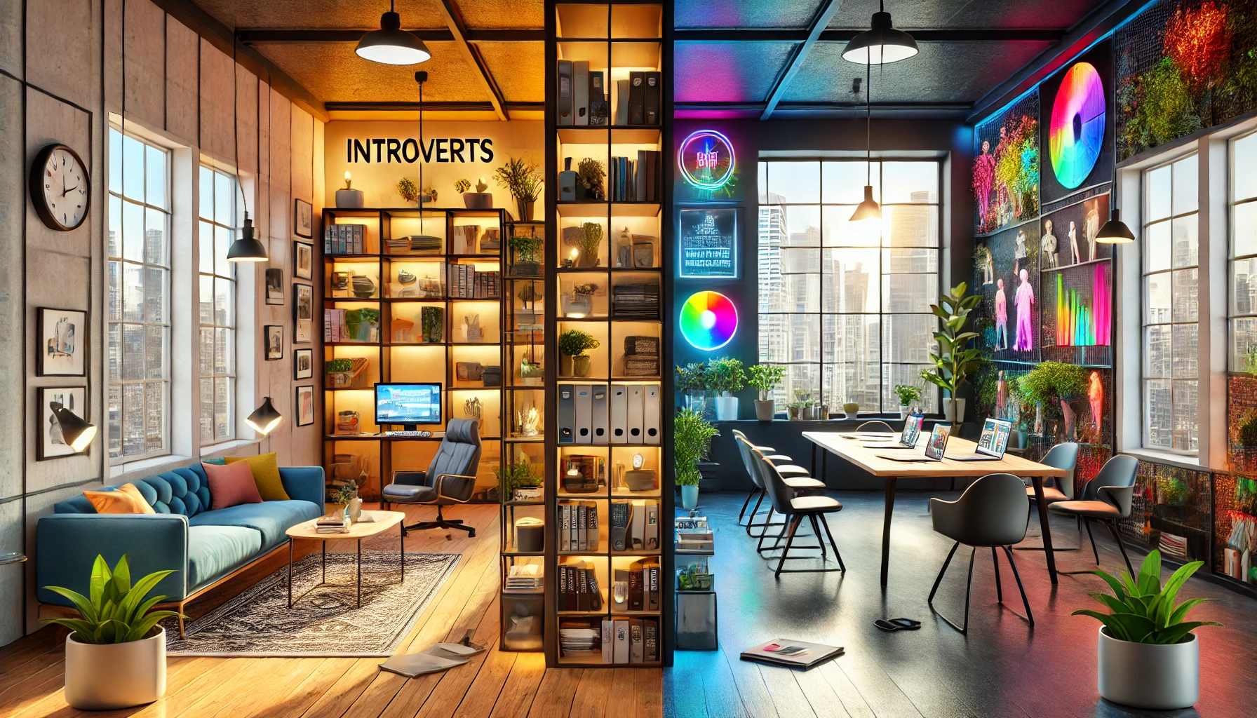 An office space divided into zones for introverts and extroverts with appropriate furnishings and colors