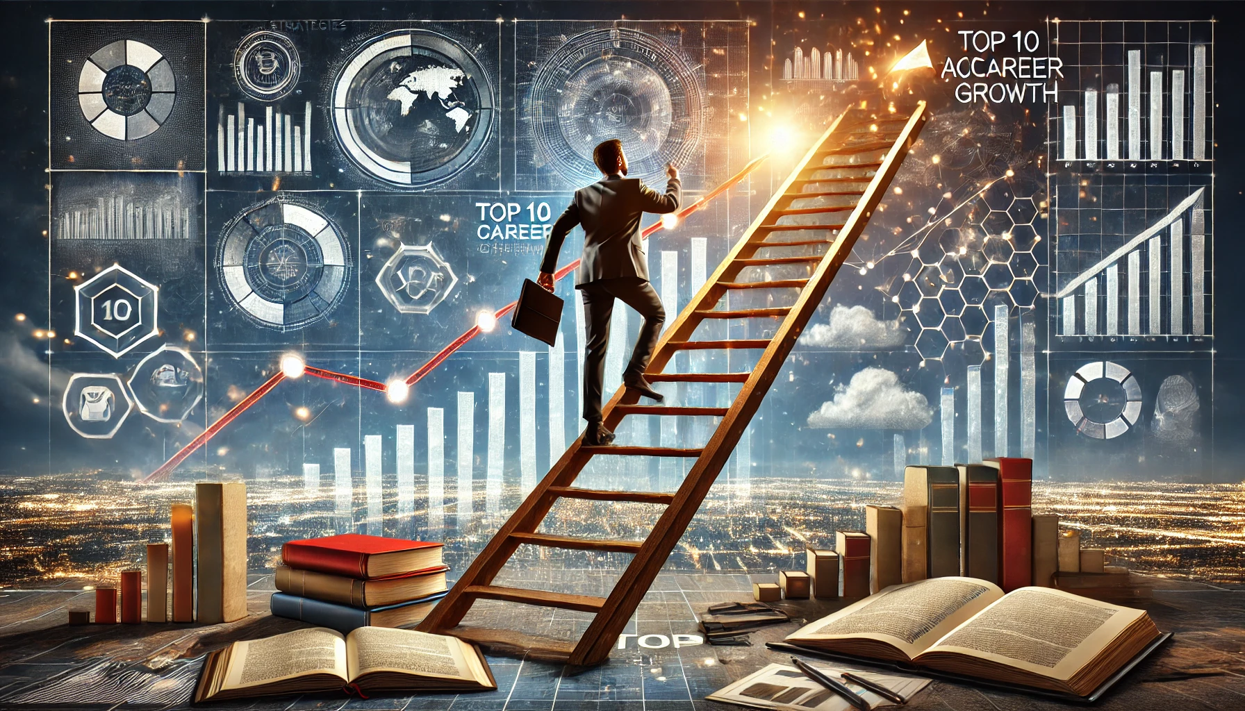 A professional climbing a career ladder with growth charts and books symbolizing career acceleration