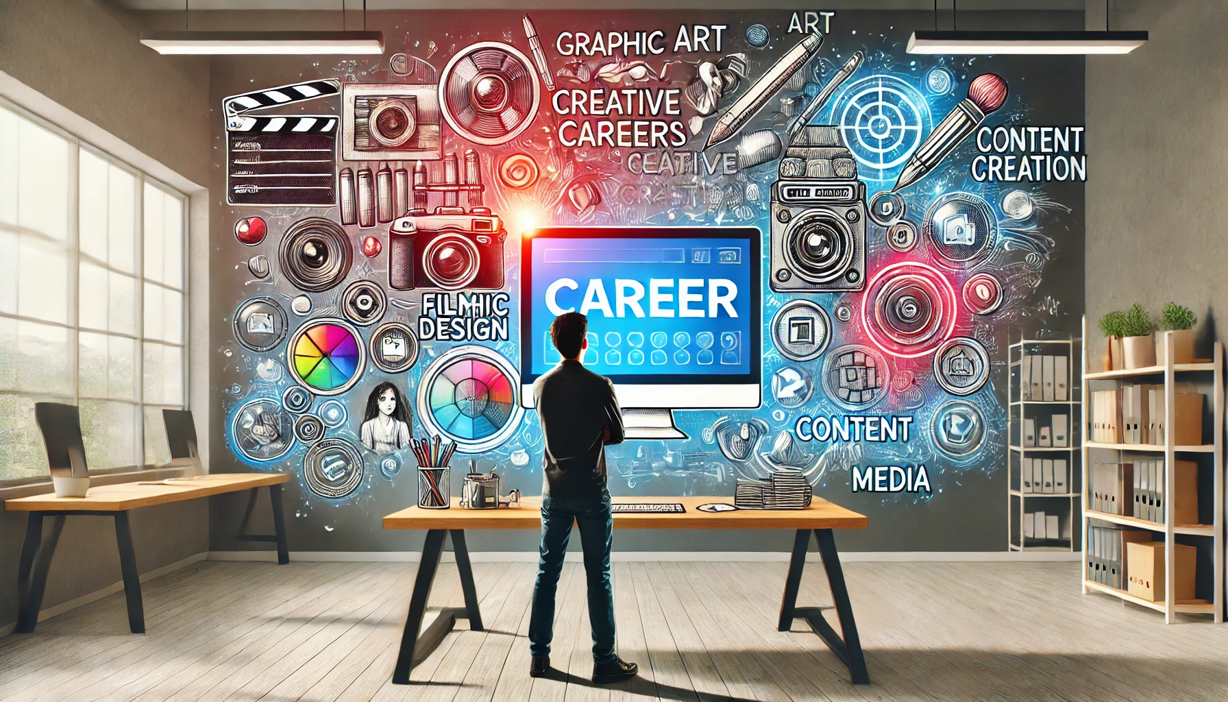 A person exploring creative career options like design art and media