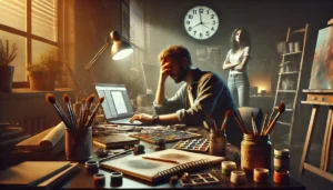 A person sitting at a cluttered desk with creative tools looking frustrated while another person stands in the background appearing disappointed