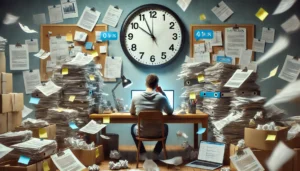 A person feeling distracted and stressed with unfinished tasks surrounded by clutter and distractions symbolizing common causes of procrastination