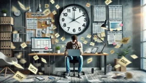 A person stressed and overwhelmed by tasks surrounded by distractions representing the psychological struggle behind procrastination