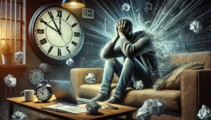 A person sitting on a couch looking anxious and stressed surrounded by crumpled papers depicting the emotional effects of procrastination