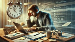 A person sitting at a desk looking frustrated and distracted by tasks symbolizing the relationship between procrastination and productivity