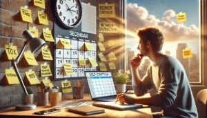 A person at a desk contemplating choices focusing on self control to combat procrastination