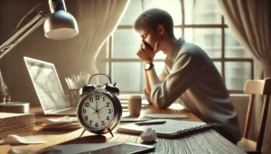 Person contemplating work with a clock in the background representing procrastination