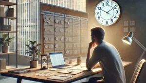 Person contemplating decisions at a desk with a clock and calendar representing time pressure