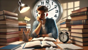 Student sitting at a desk with a clock representing procrastination in academic settings
