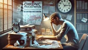 Person at a cluttered desk showing signs of stress representing chronic procrastination