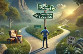 ایک شخص دو راستوں کے سامنے کھڑا ہے، ایک راستہ فوری راحت کی طرف لے جاتا ہے اور دوسرا کامیابی کی طرف۔