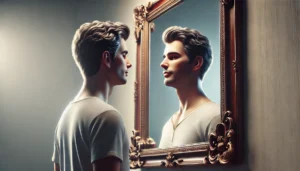 A person standing in front of a mirror admiring their own reflection symbolizing narcissistic personality traits