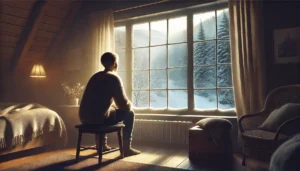 A person sitting by the window looking out at a snowy landscape representing Seasonal Affective Disorder