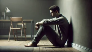 A man sitting alone in a dimly lit room with a tired and somber expression symbolizing Persistent Depressive Disorder PDD