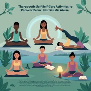 A serene setting illustrating self care practices for individuals affected by narcissistic abuse