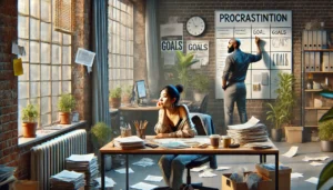 A photorealistic image of a modern office with a young South Asian woman looking out a window in a daydreaming pose and a middle aged Black man writing goals on a whiteboard